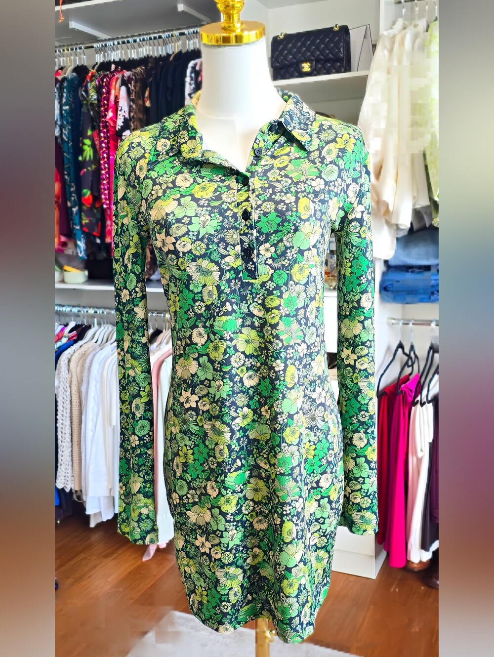 Zara Green Floral Long-Sleeve Polo Dress Petite- Size S